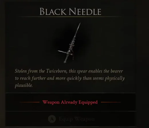 The Black Needle weapon panel in the in-game inventory