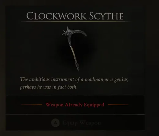 The Clockwork Scythe weapon panel in the in-game inventory