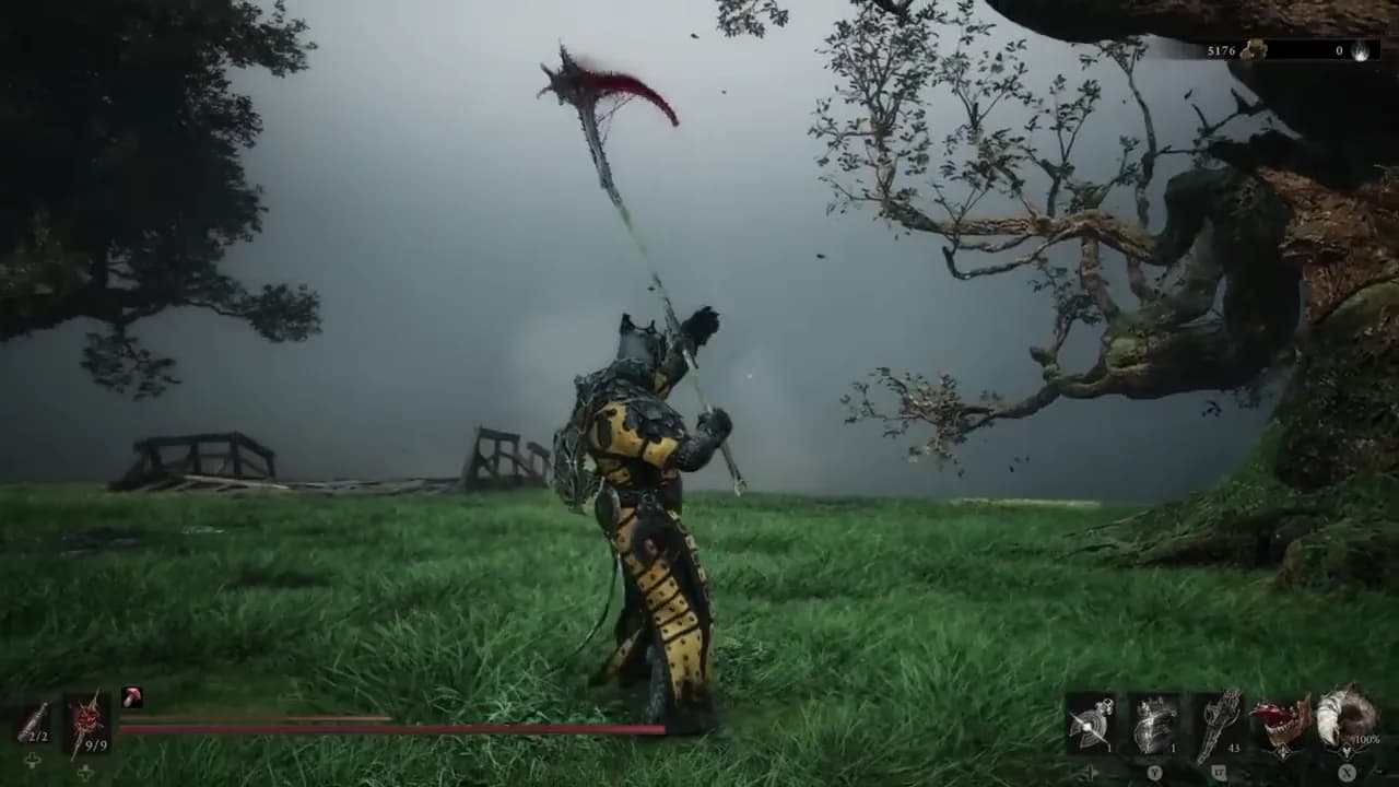 The Clockwork Scythe raised overhead with its red edge glowing
