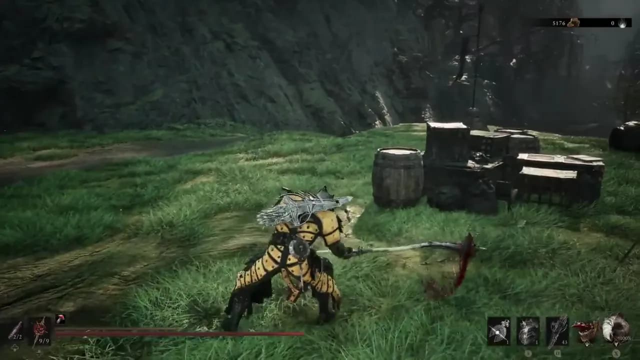 A wide reaping swing trailing the scythe's red edge