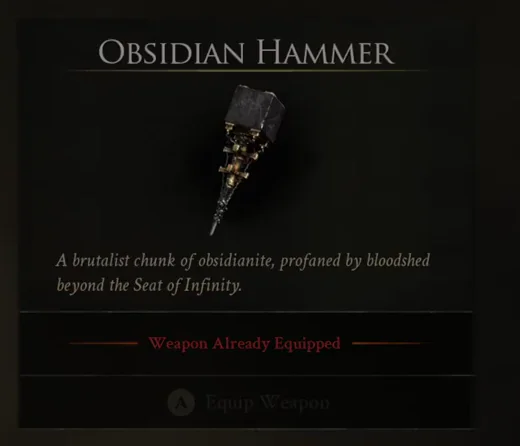 The Obsidian Hammer weapon panel in the in-game inventory