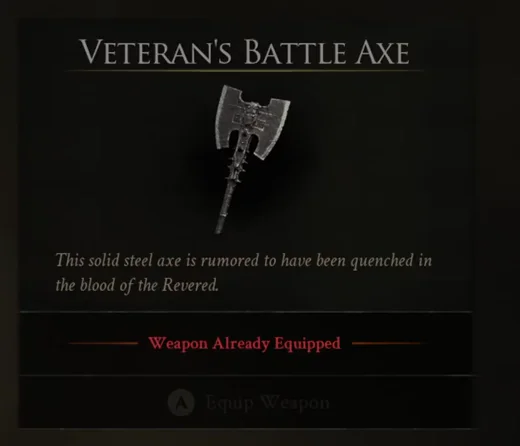 The Veteran's Battle Axe weapon panel in the in-game inventory