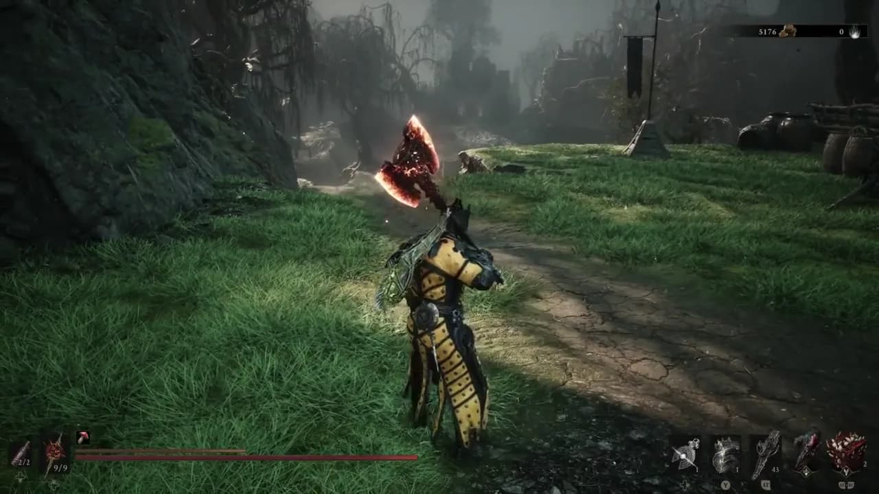 The axe throw about to knock an enemy back
