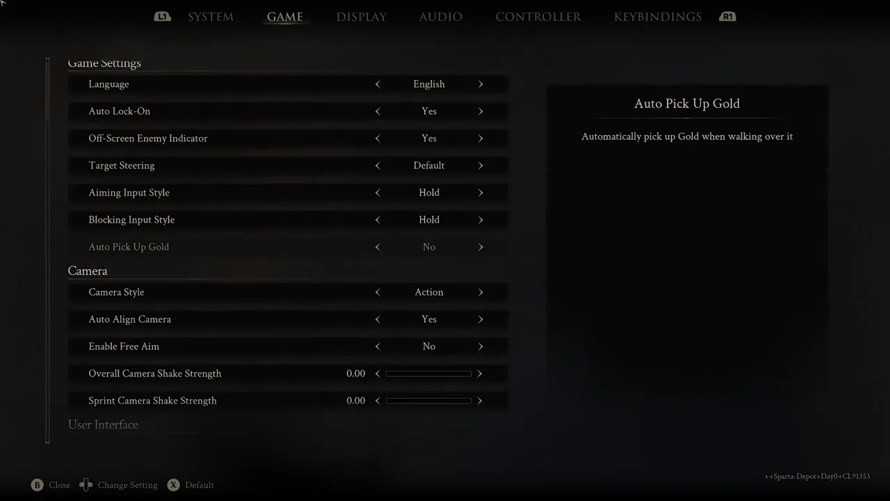 The game settings screen with auto pick up for coins