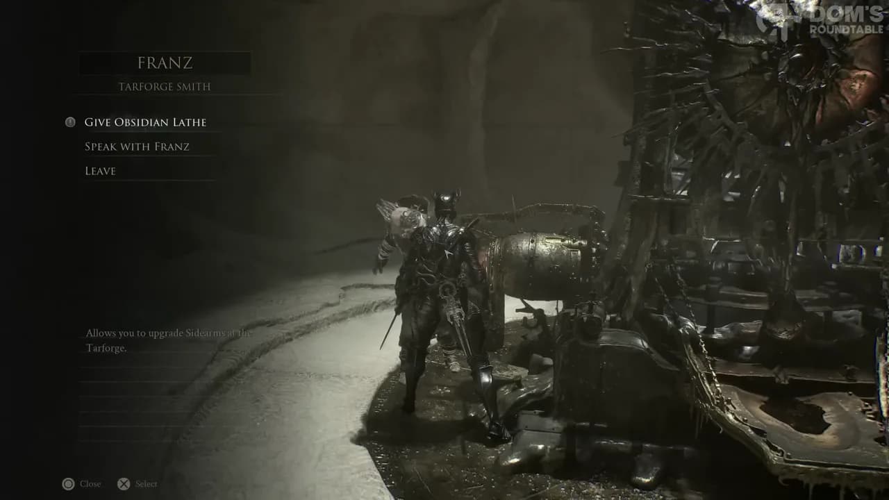 Franz the blacksmith at the forge where weapons are upgraded