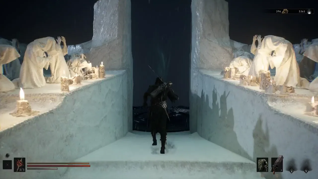 The stone monument holding the Gloombound Flame near the starting beacon
