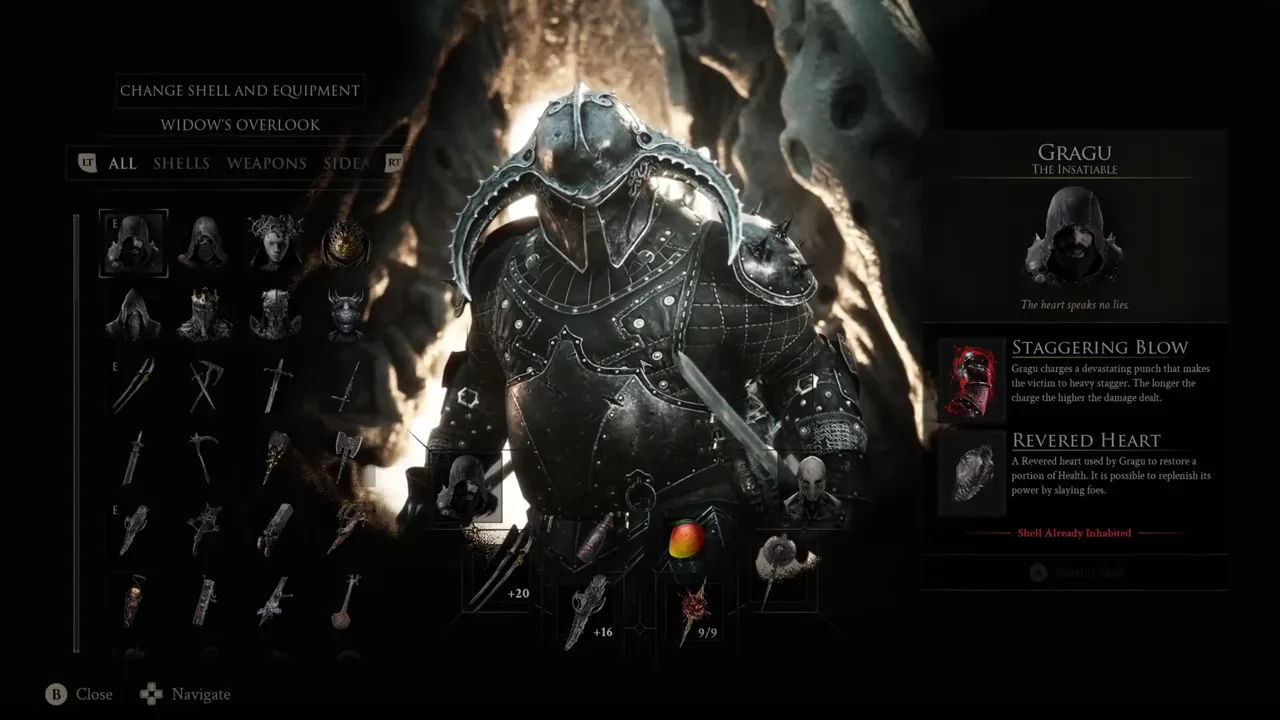 Gragu's Shell panel in the in-game menu