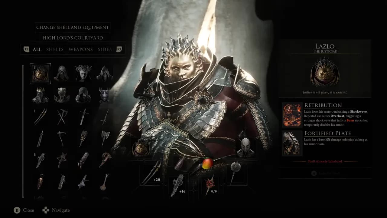 Lazlo's Shell panel in the in-game menu