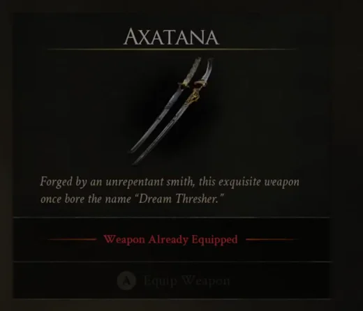 The Axatana weapon panel in the in-game inventory