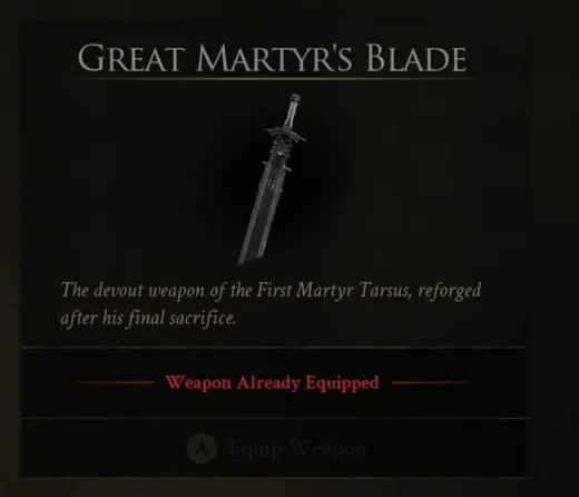 The Great Martyr's Blade weapon panel in the in-game inventory